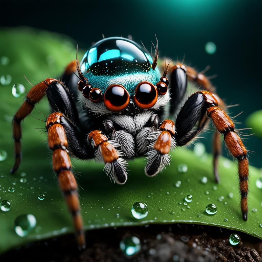 A jumping spider with a dewdrop hat   by @Arisiin