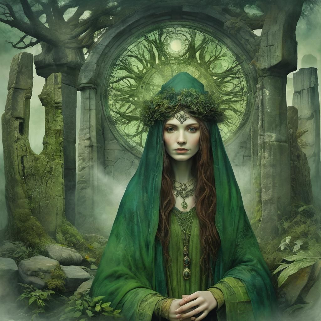 GREEN witch, DRUIDS, LITHA, Stonehenge, / alcohol ink, // double ...