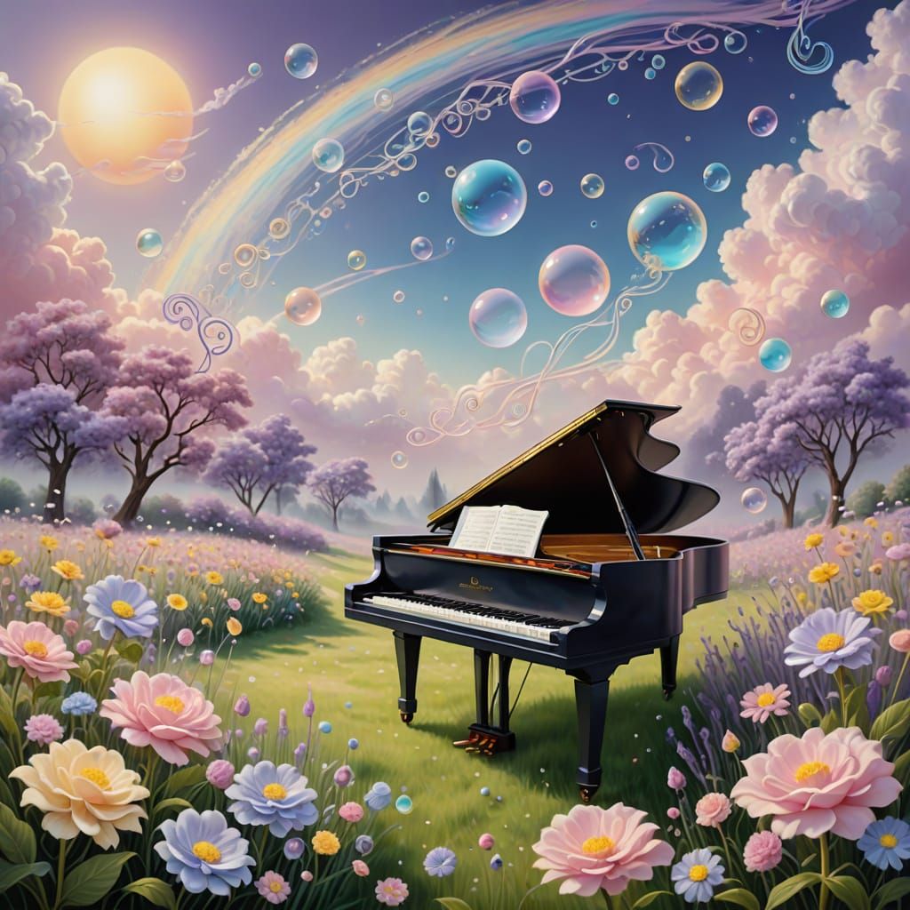 A surreal Dadaist airbrush painting in pastel tones. In a soft dreamlike garden, alarm clocks bloom like flowers, their faces wide open, rev...