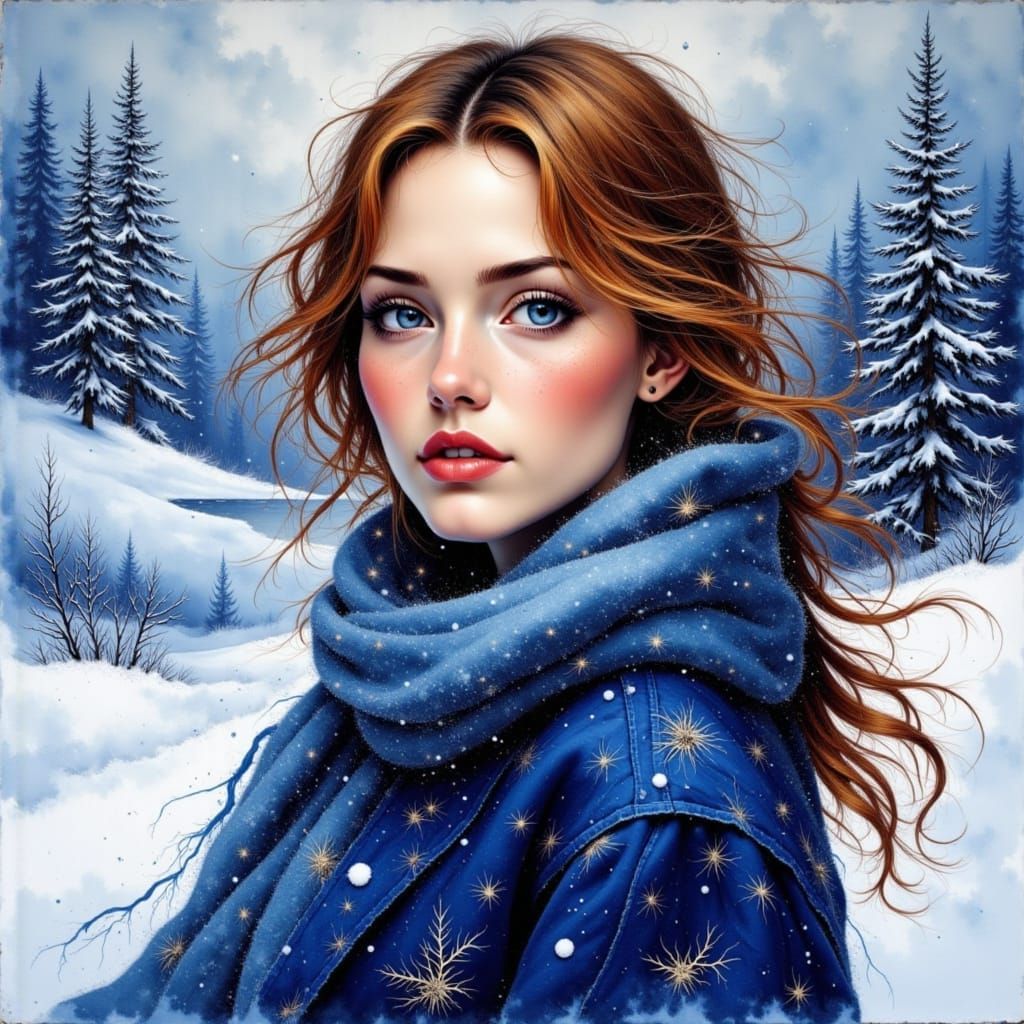 Impasto Portrait of a Beautiful Woman in Winter Landscape