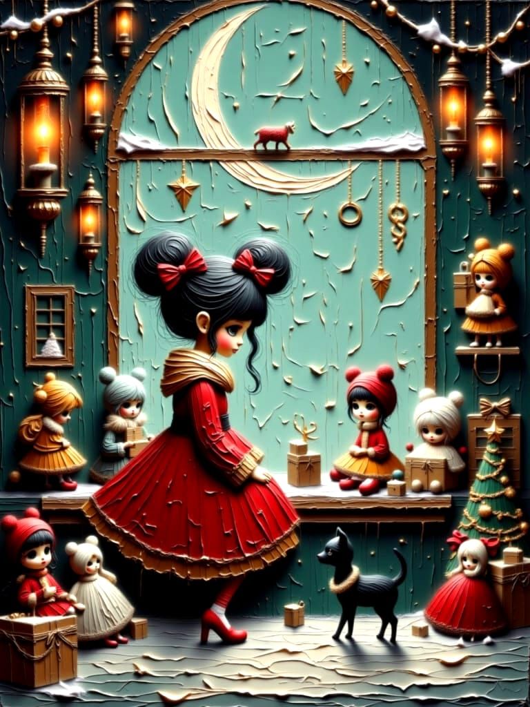 <lora:Moonchild Christmas:1.0> Movie poster quality, Winterscape, Christmascore, Toyshop Wonder
"Moonchild wanders enchanted toyshop, shelve...