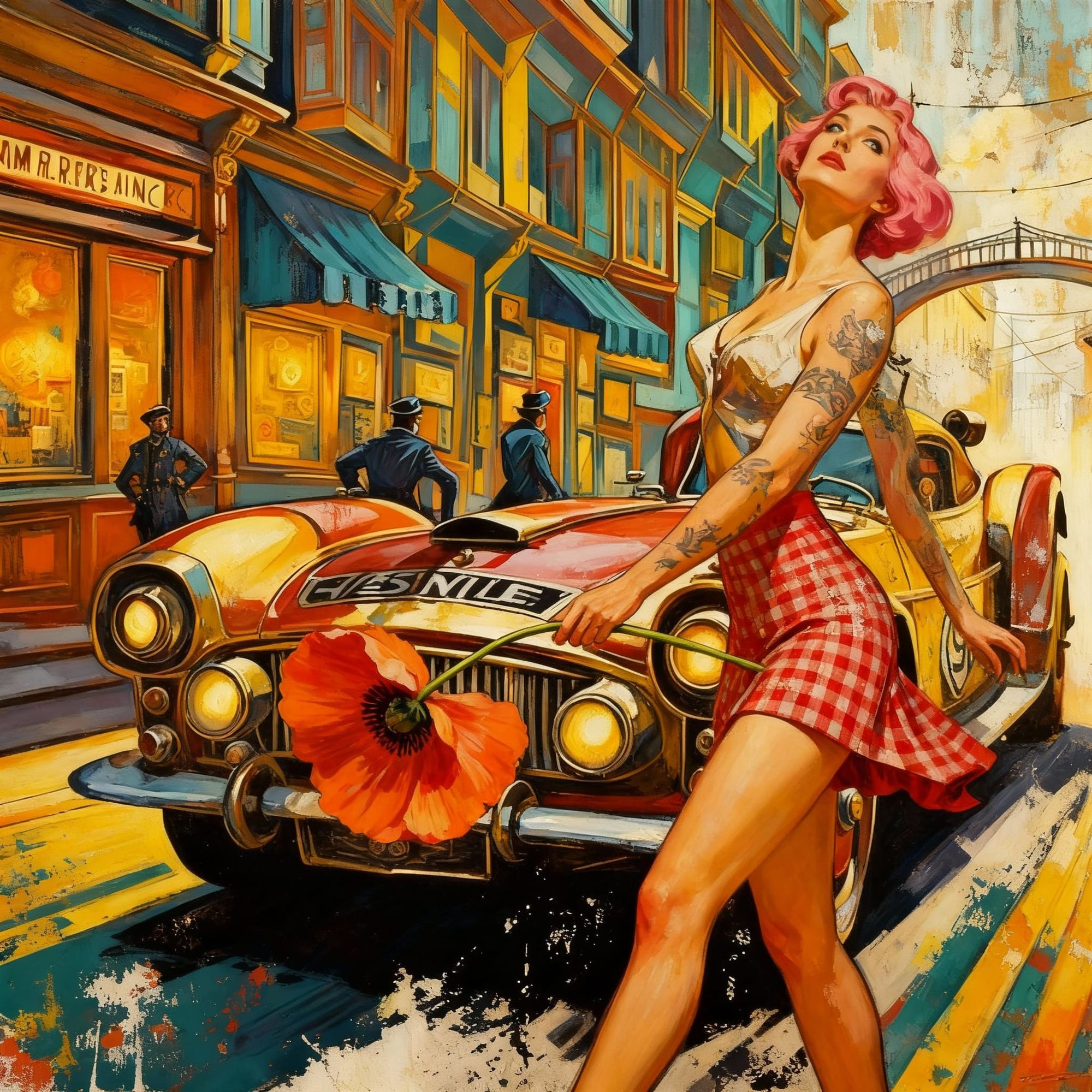 Lost city for Eskimo postman wearing a wide-brimmed hat adorned with an assortment of vibrant, oversized bazooka, stands on a deserted, crum...