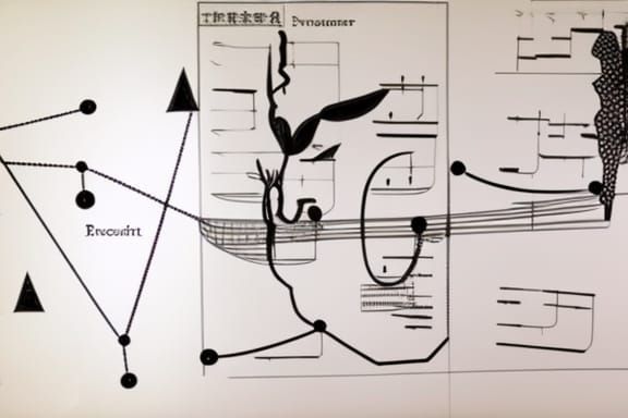 graphic score, graphic notation, figuration libre, Zorn dance notation, black and white;  Art Nouveau; by Gerda Wegener;...
