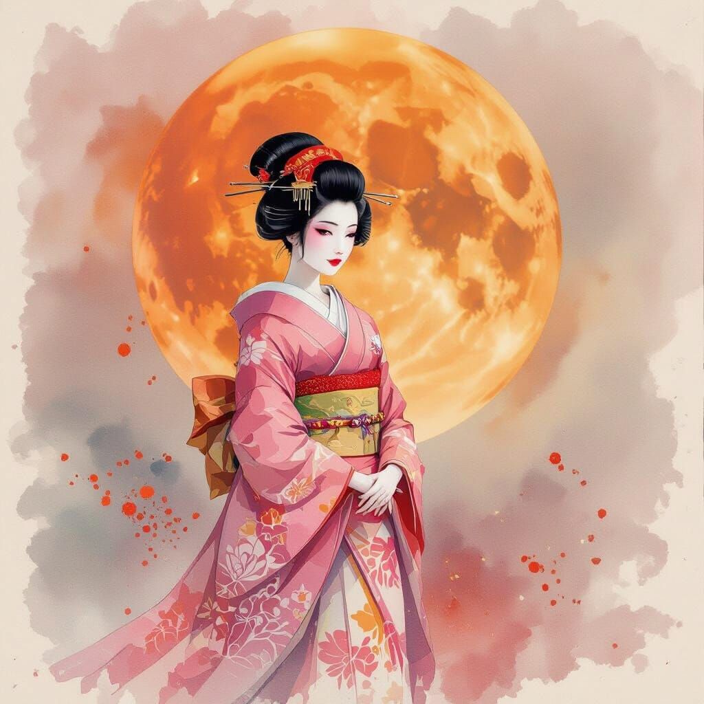Stylised watercolor, soft pastel, of a Geisha dressed in pink, orange and crimson tones, in front of ...  by @MrKitWalker