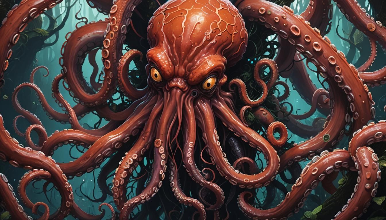 dark horror, close up portrait of red giant octopus; magical...