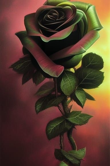black rose under a glass flask, black rose, sunset, oil pain...