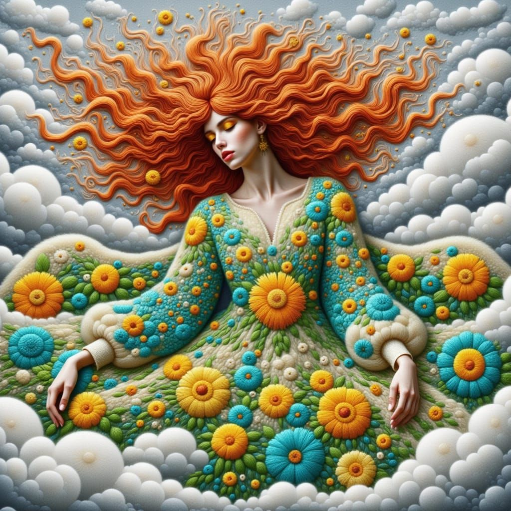 <lora:Kak-embroidery:1.0>Impressive surreal painted, embroidery woman with long wavy red hair, clustered flowers in yellow and white, oversi...