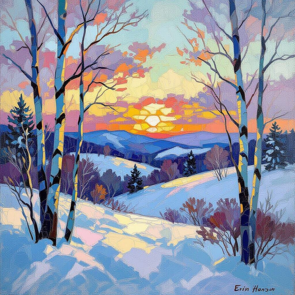 winter landscape by Louis Comfort Tiffany and Erin Hanson, cool colors