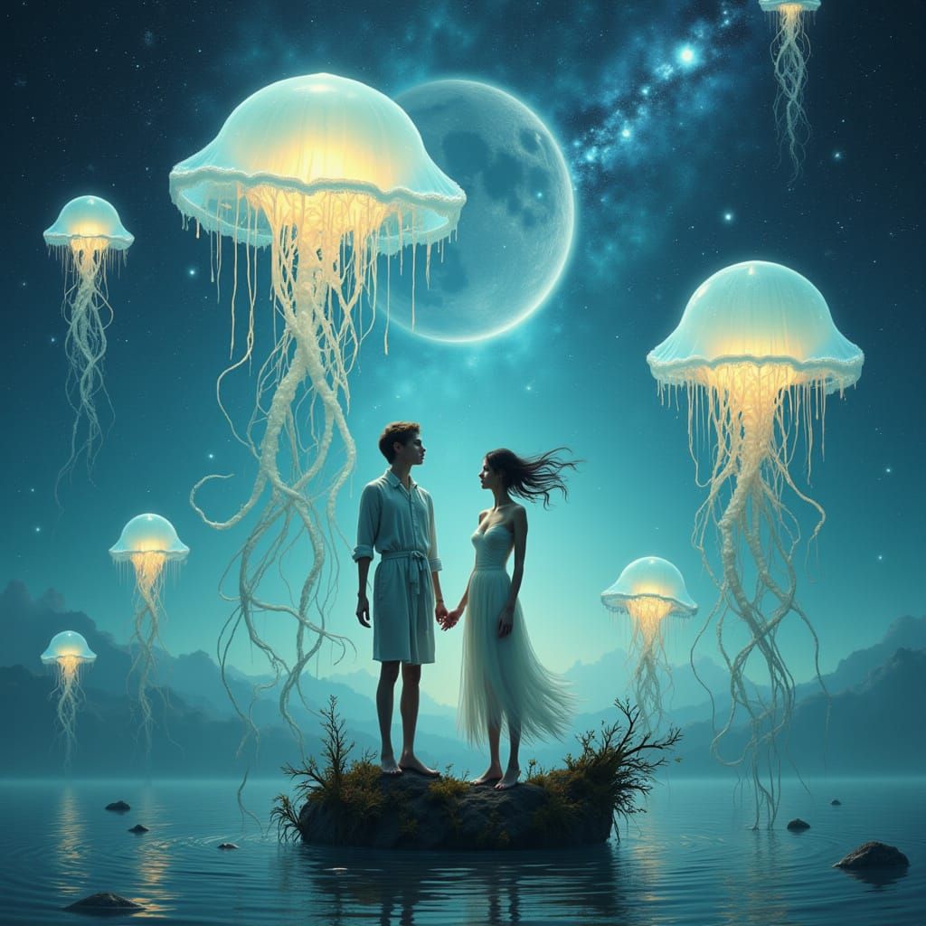 <lora:Colors Of Love:1.0> A couple stands on a floating island, gazing at a sky filled with giant, luminous jellyfish. Below them, a vast oc...