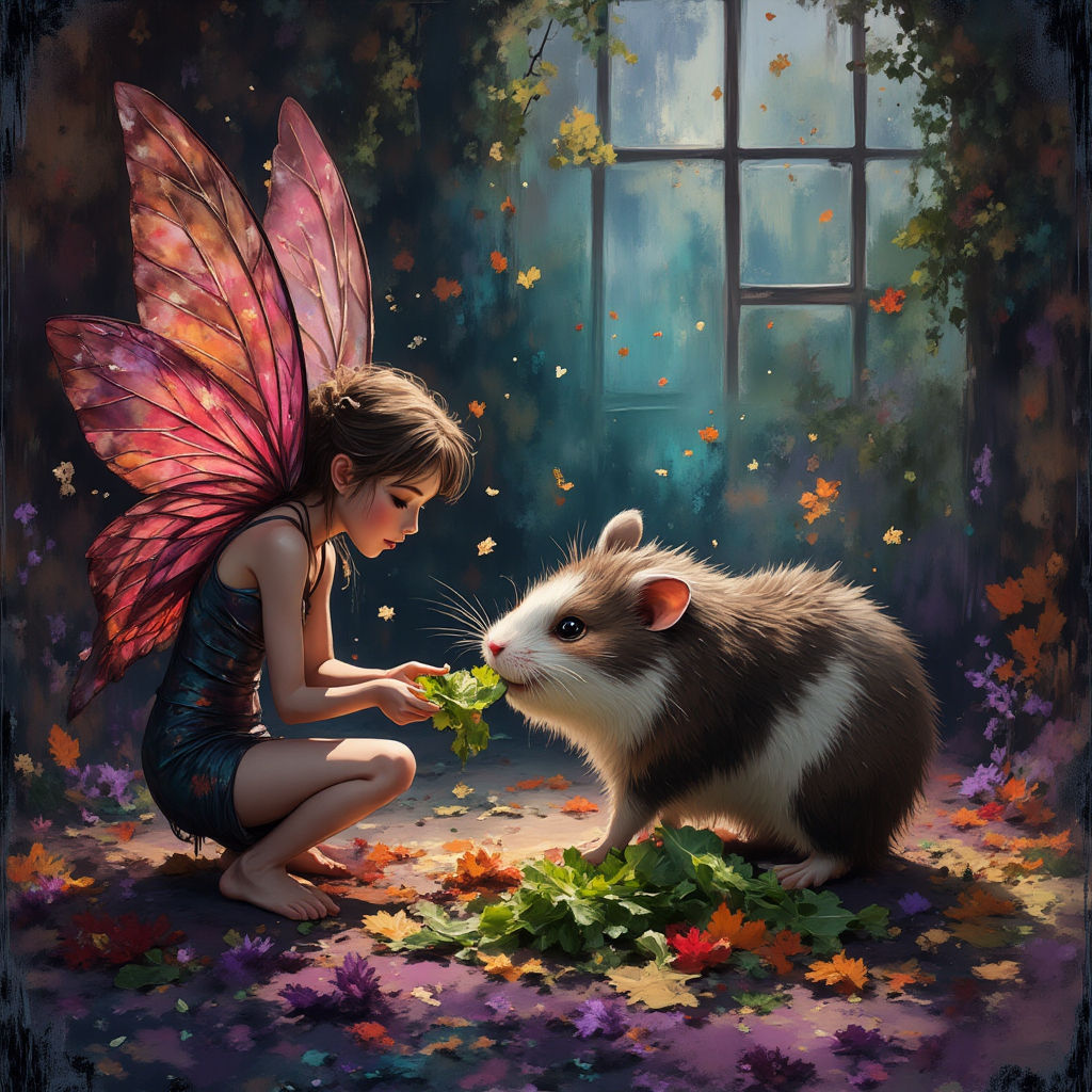 Tiny fairy pixie feeding a Hamster pieces of fresh romaine lettuce
