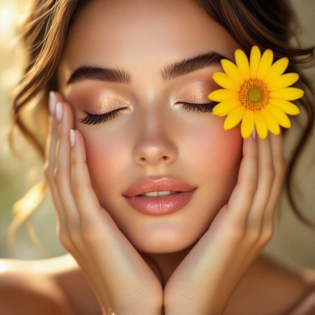 A beautiful young woman with flawless, glowing skin and soft makeup, gently touching her face with one hand. Her eyes are closed, expressing...