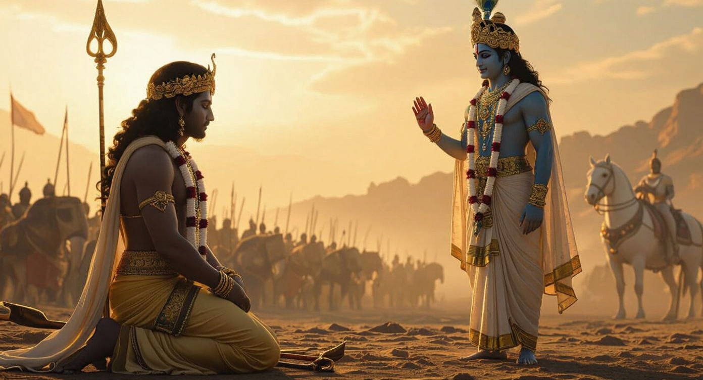Create a highly detailed 3D cinematic scene with 16:9 aspect ratio, set on the battlefield of Kurukshetra at dawn, with a warm golden light ...