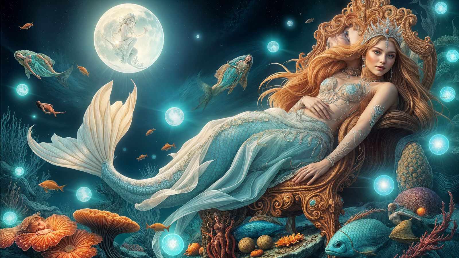 A majestic mermaid empress resting on a coral throne, her shimmering fishtail adorned with intricate ...  by @Dan Jones