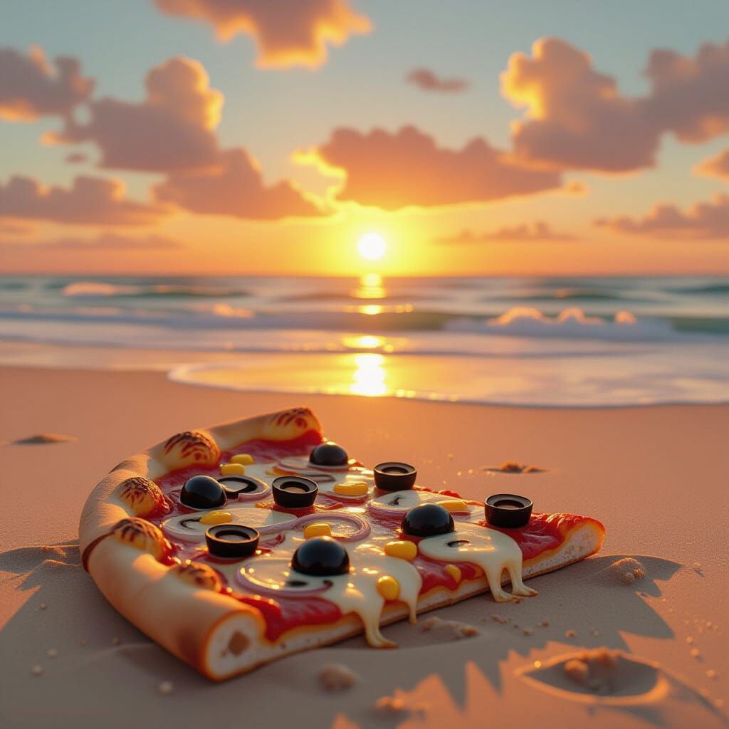 Pizza on Beach at Sunset, Digital Painting