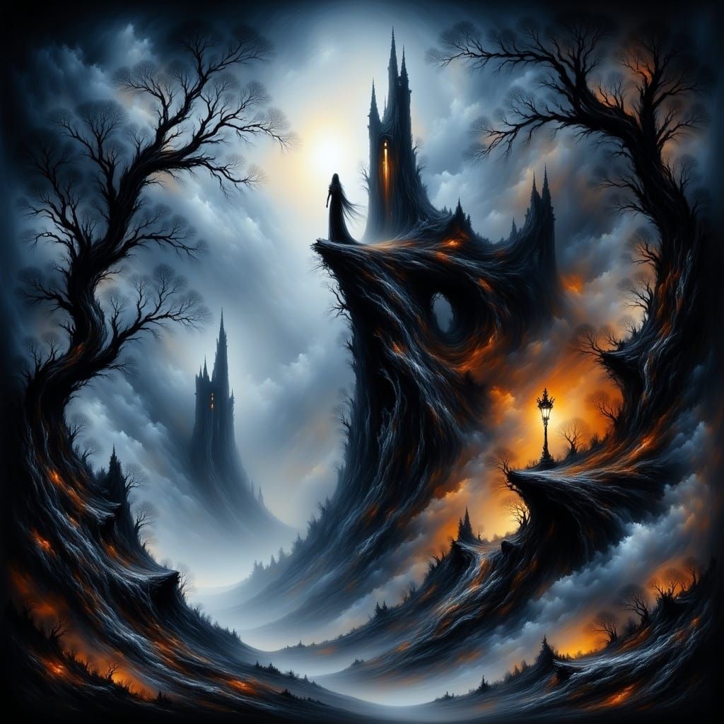 A lone, hooded figure stands atop a crumbling, gothic spire,...