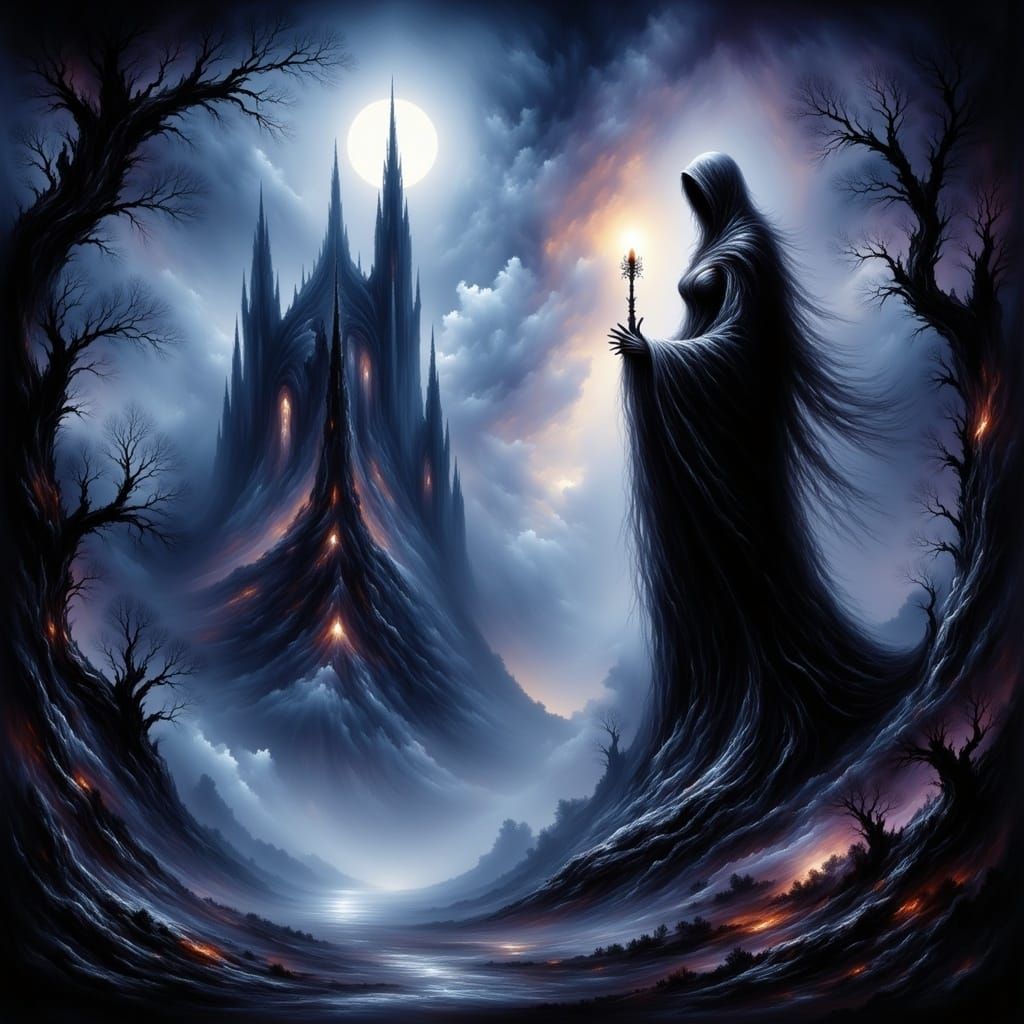 A lone, hooded figure stands atop a crumbling, gothic spire,...