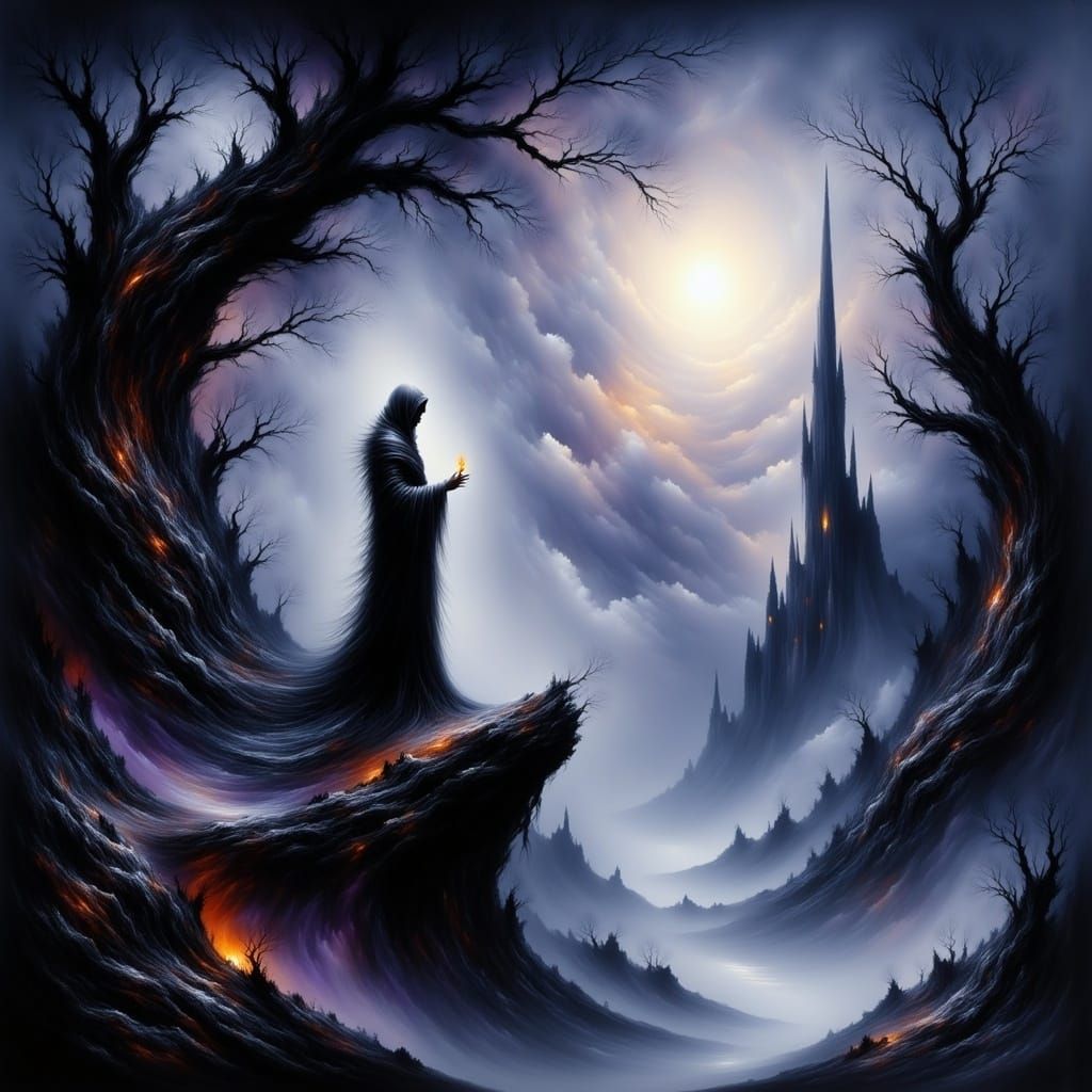 A lone, hooded figure stands atop a crumbling, gothic spire, silhouetted against a deep, indigo sky                     ...