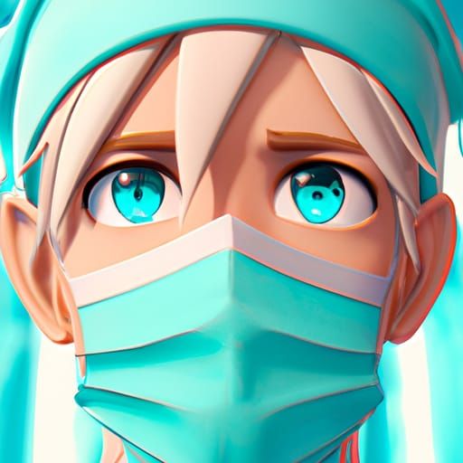 A male surgeon with blue hair and blue eyes wearing teal sur...