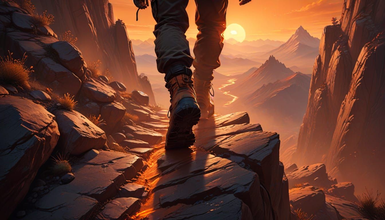 Person Climbing Mountain with Glowing Footsteps