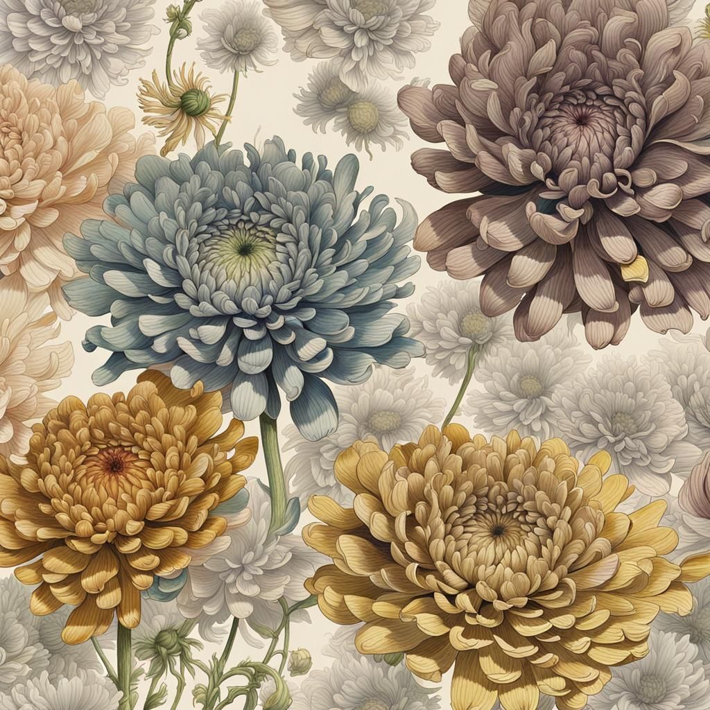 Hand-Colored Chrysanthemum Ink Drawings
