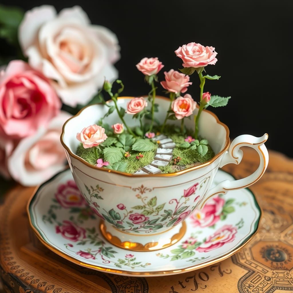 tea cup with a rose garden in the cup