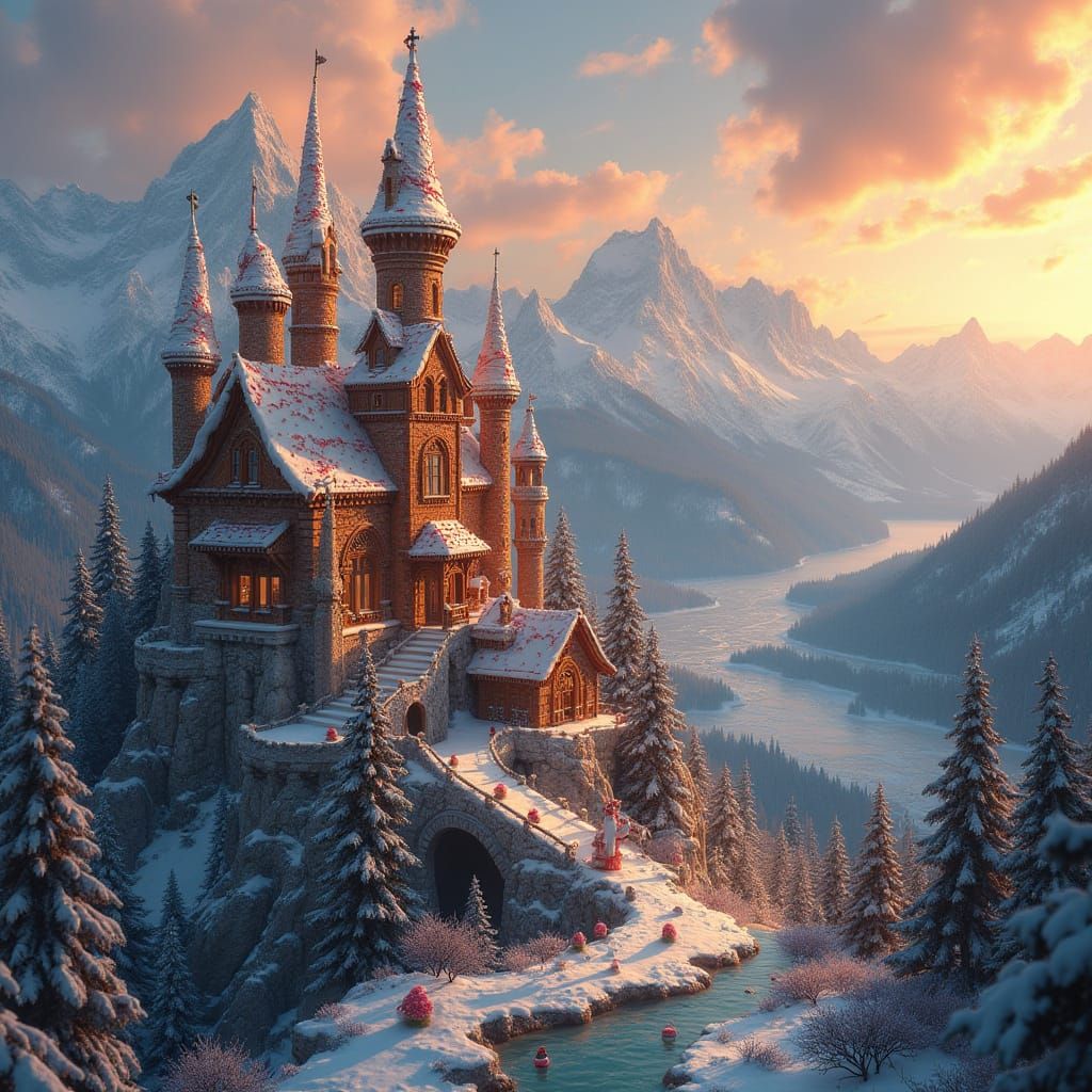 Whimsical Gingerbread Castle in a Snowy Swiss Valley