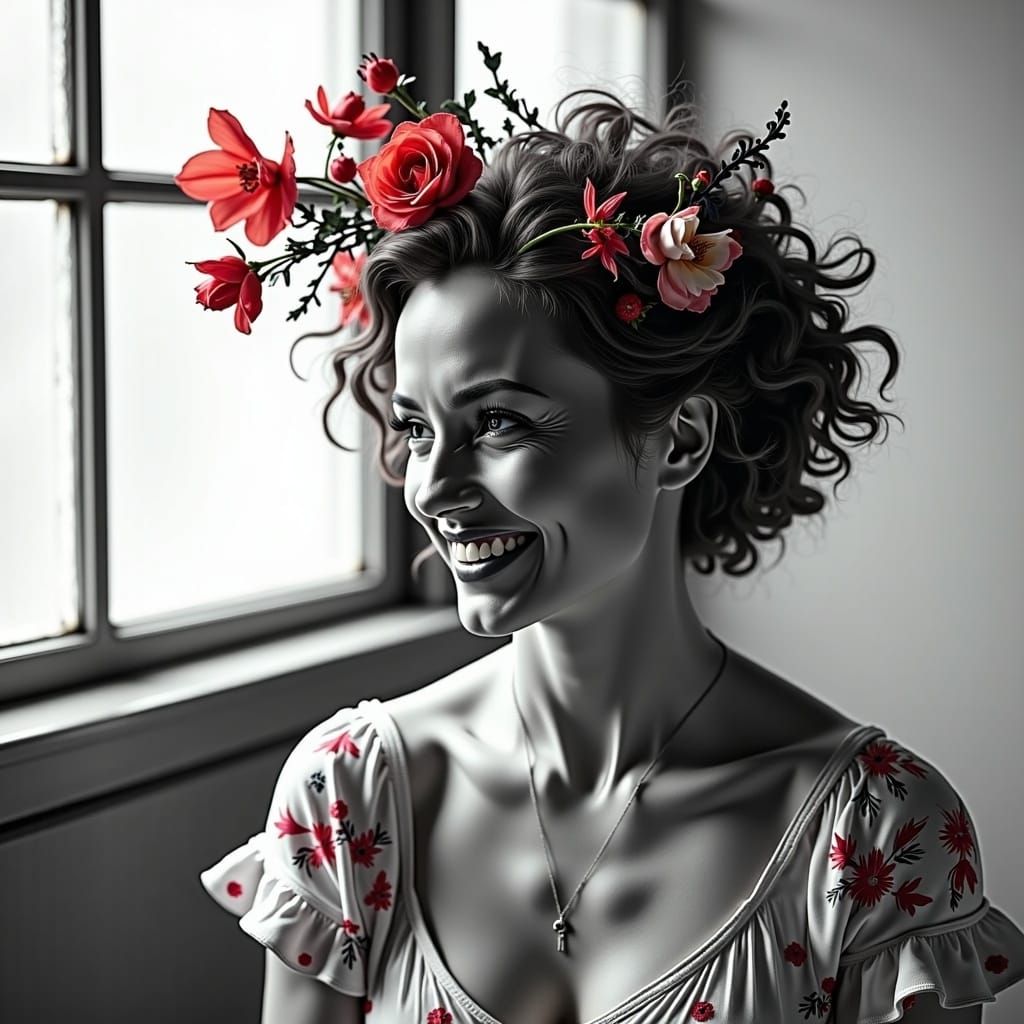  <lora:PopArt Portraits FL:1.0> "Joy is made to be shared." black and white with pops of colour