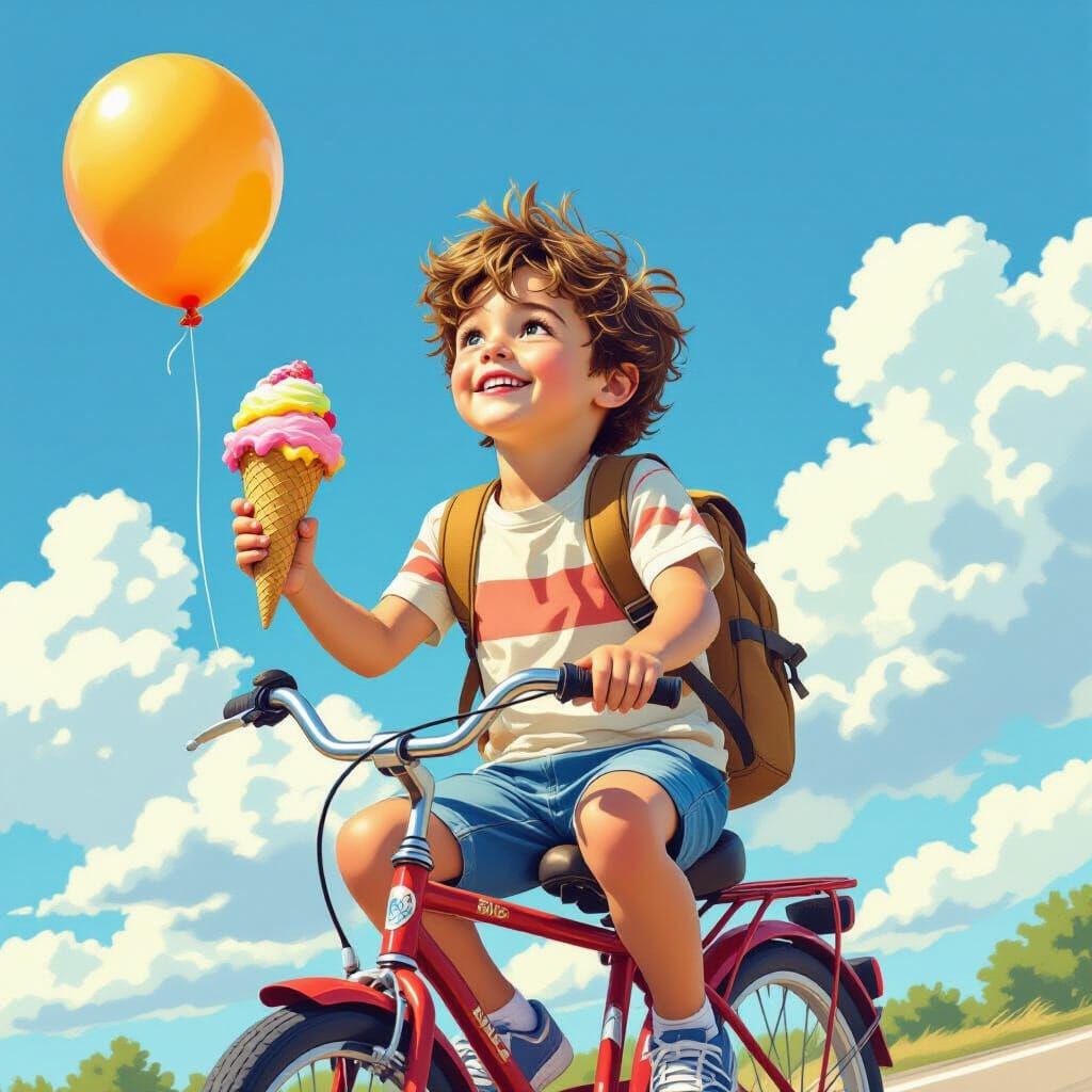Carefree Boy Rides Bicycle with Balloon, Whimsical Art