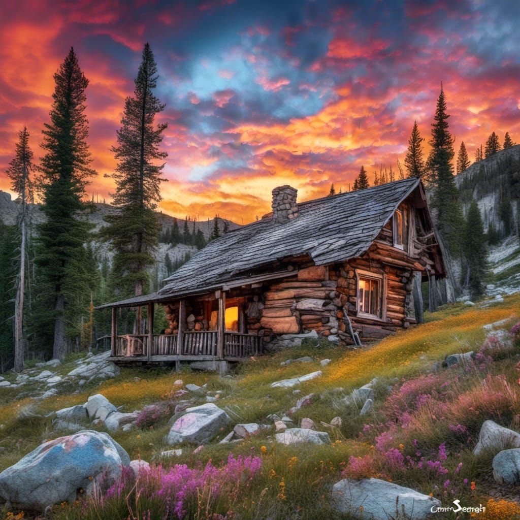 <lora:Artistic flair:1.0> Cabin along the Beartooth Highway Montana  :: . alcohol ink Digital watercolor ...  by @Pjrockey