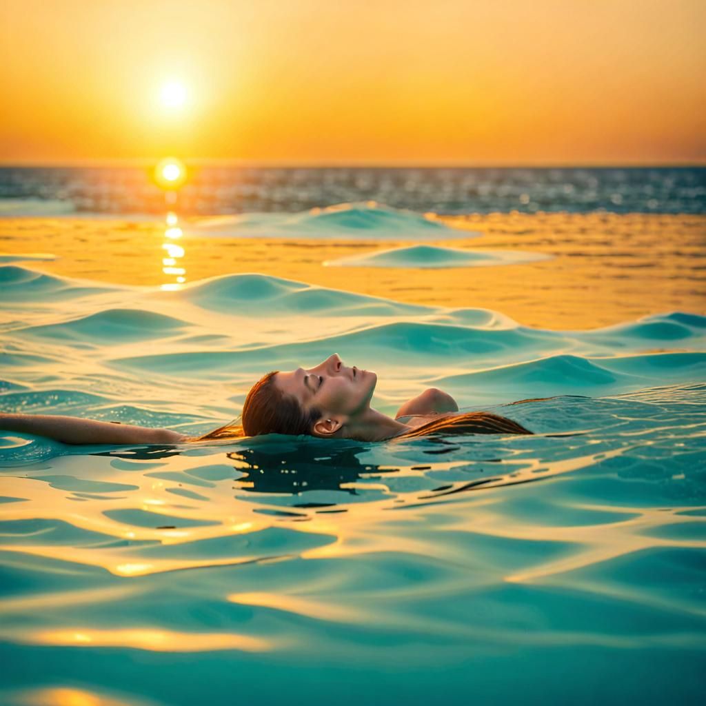 A lady floating on her back in a  swimming pool.  The sun is rising over the calm ocean with gentle yellow, orange rays....