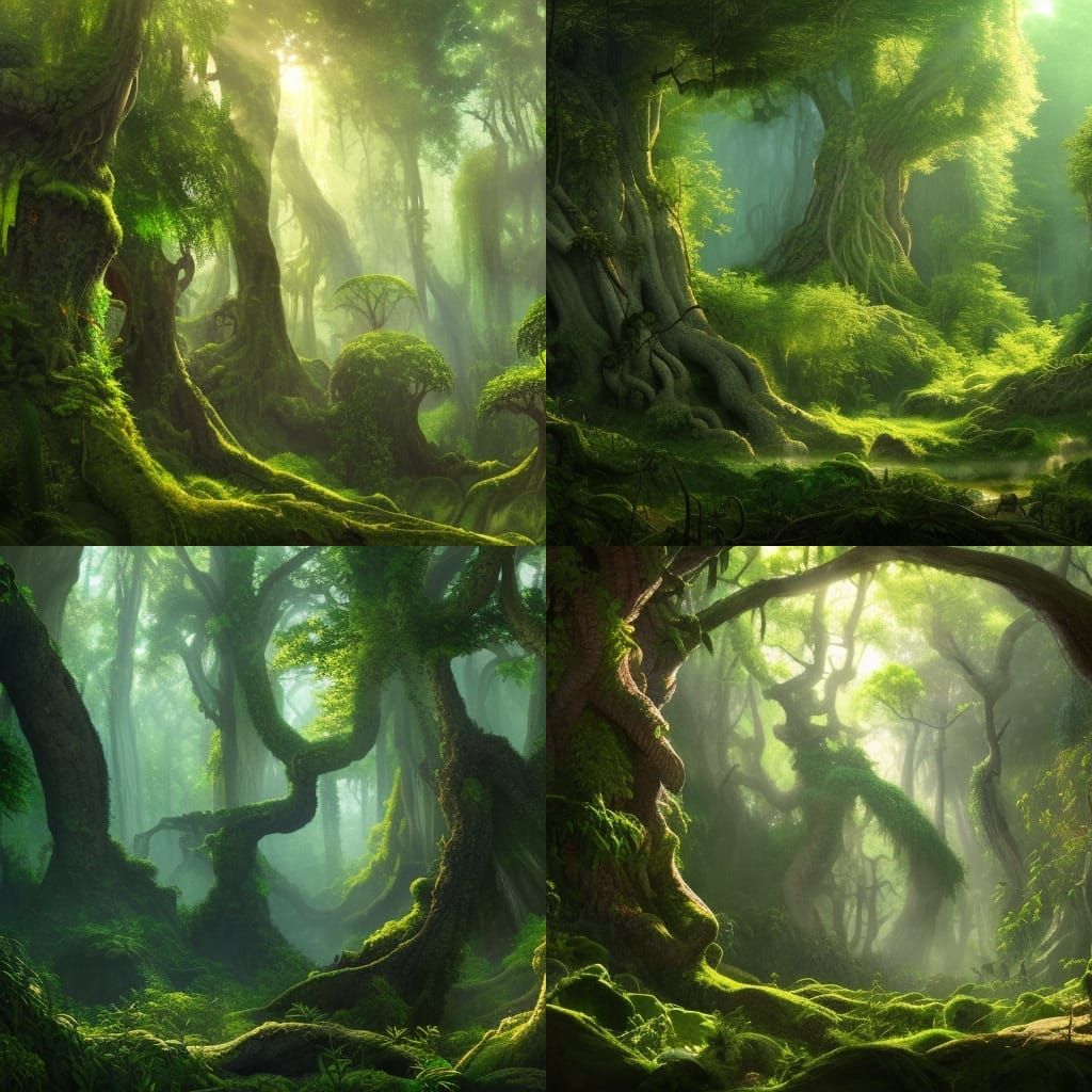 A green dense forest filled with large green vivid trees, streaks of sunlight penetrate the foliage.