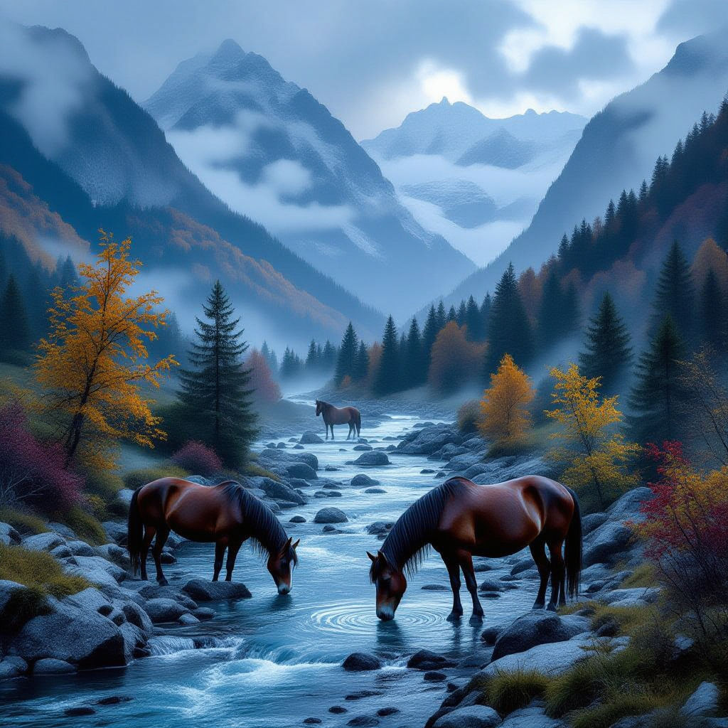 Horses drinking from the river