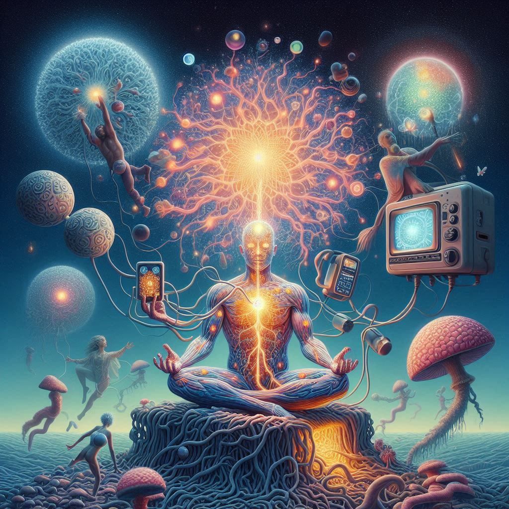 Crazy Mushrooms Wrestling, surrounded by a Labyrinth of light