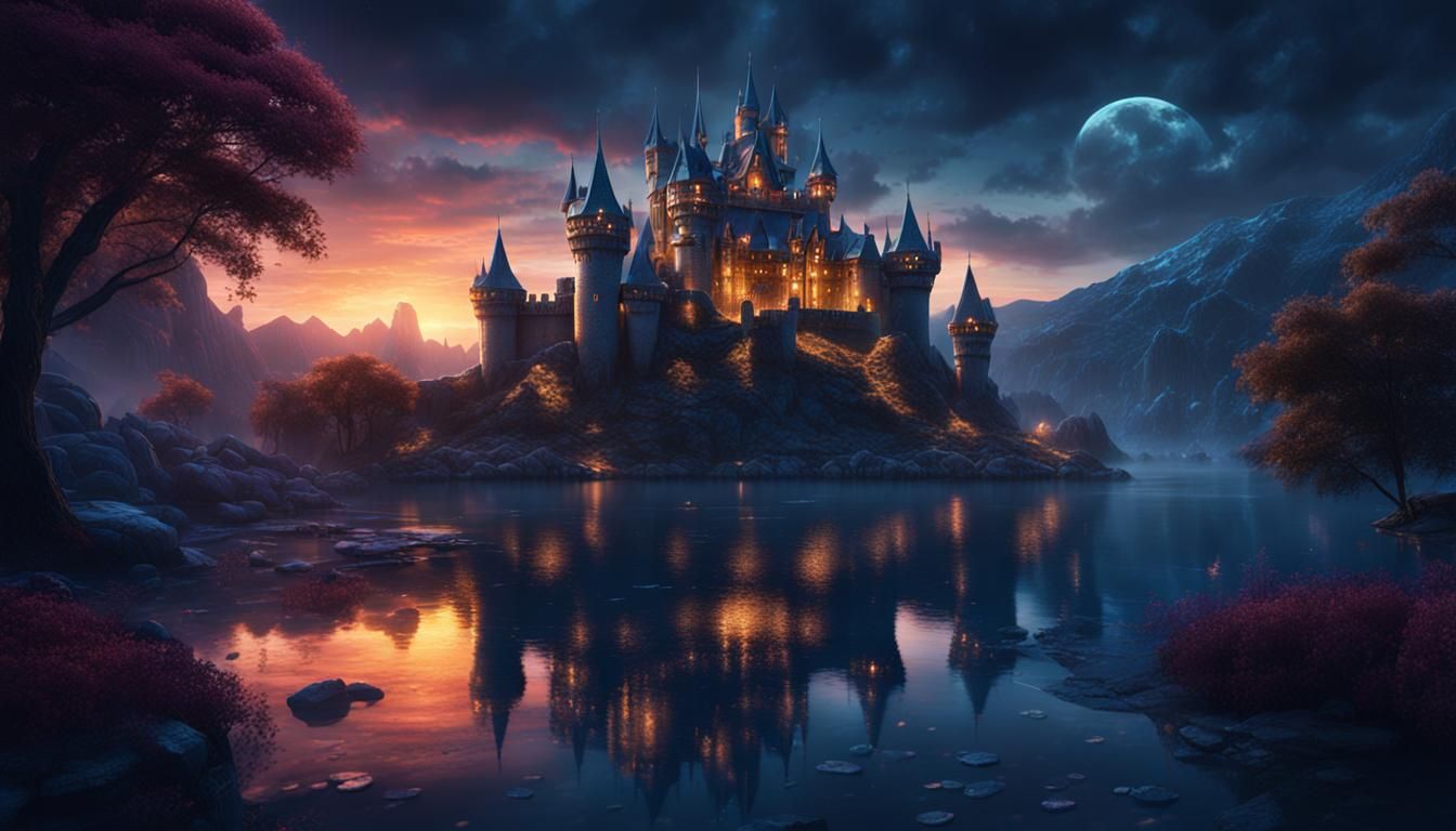 magical lake castle at night