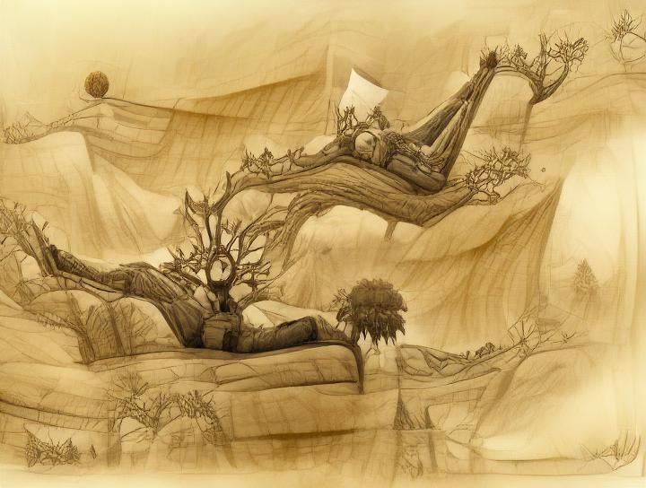 Concept art, pencil sketch, sepia tone; Resting High Up In The World Tree