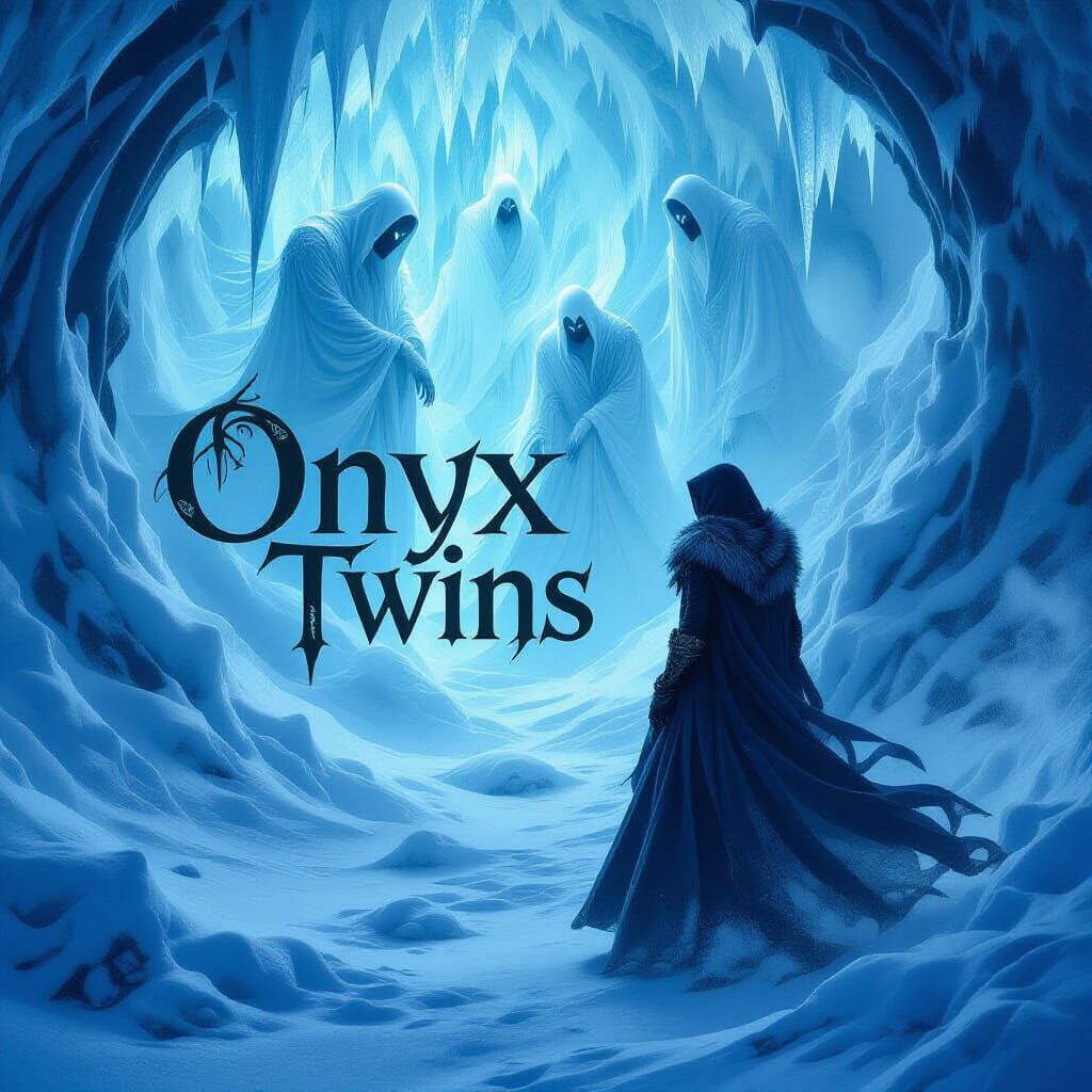 Book cover. In fancy font says Onyx Twins . Has ice wraiths in background

(best quality)), ((masterpiece)),  ,, (8k), RAW photo, best quali...