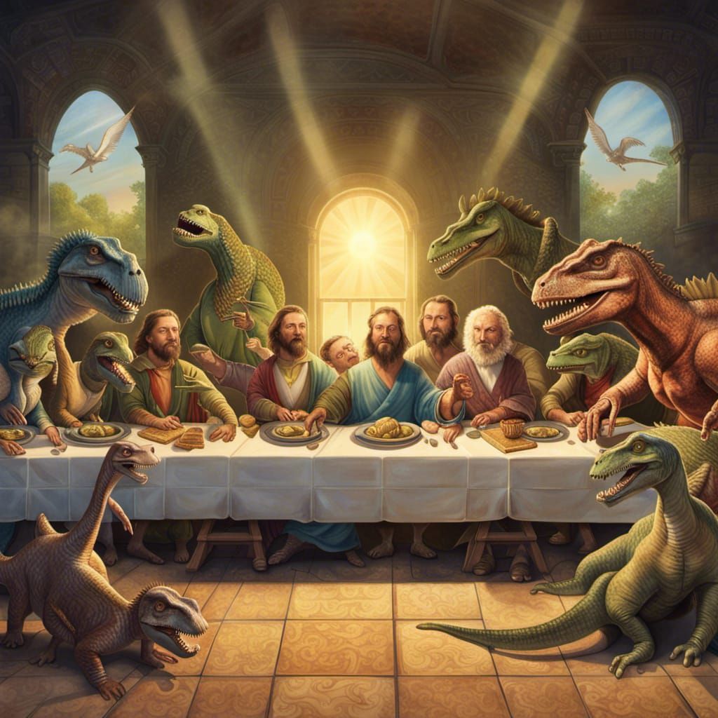 Dinosaurs, The Last Supper, Renaissance style sunshine rays