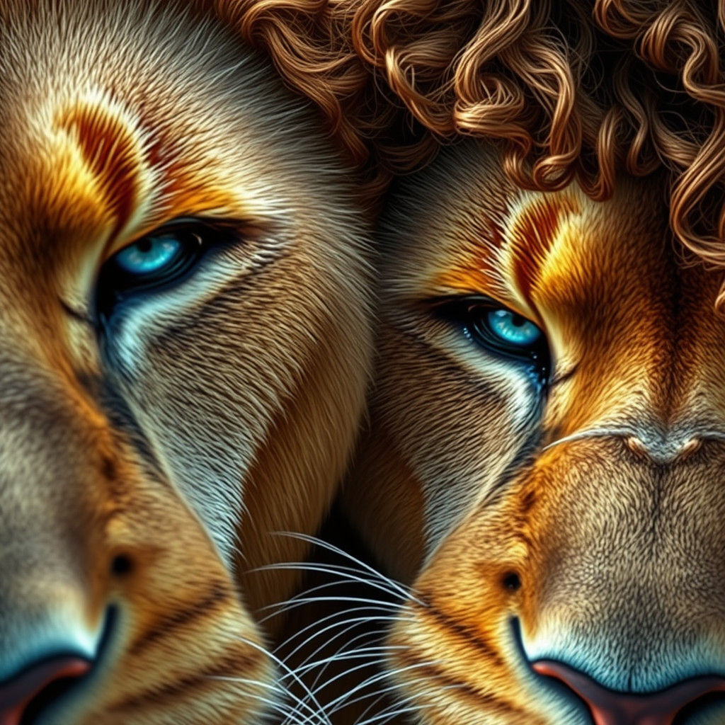 Woman and Lion Gaze in Dreamlike Conceptual Art