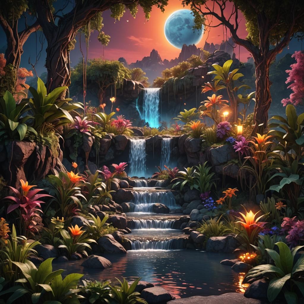 Hyper realistic  moon fall and sunset at the background and ...