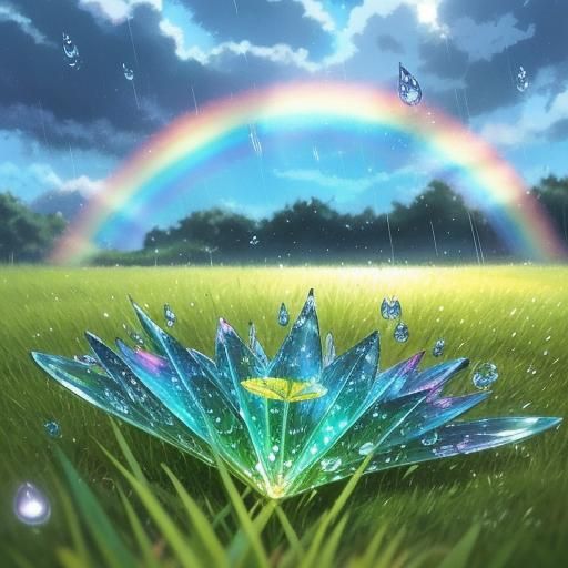 Raindrops sparkle on the grass after a storm. The sky is blu...