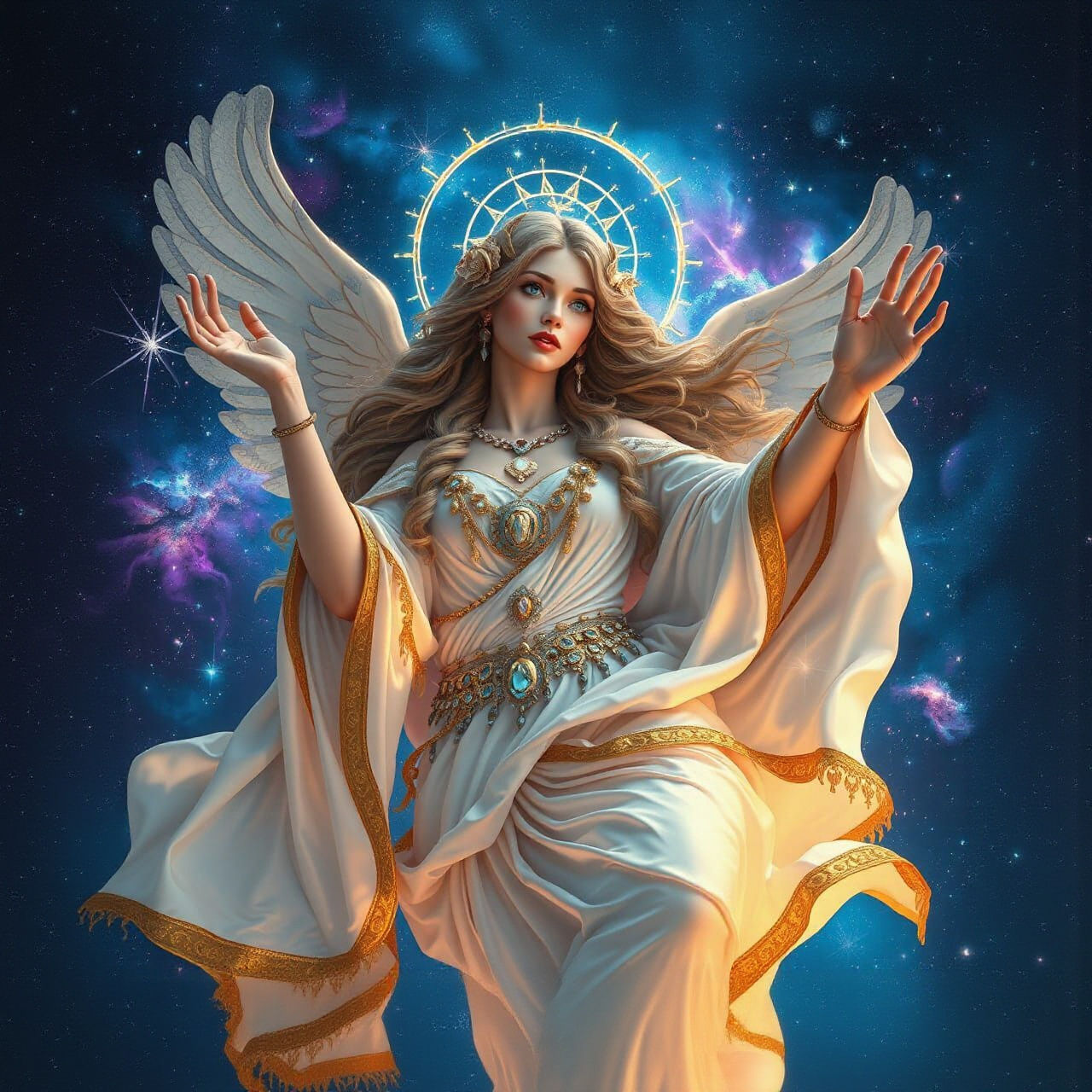 A celestial goddess adorned with flowing robes and intricate jewelry, floating amidst a swirling galaxy of stars and nebulae. Her eyes radia...