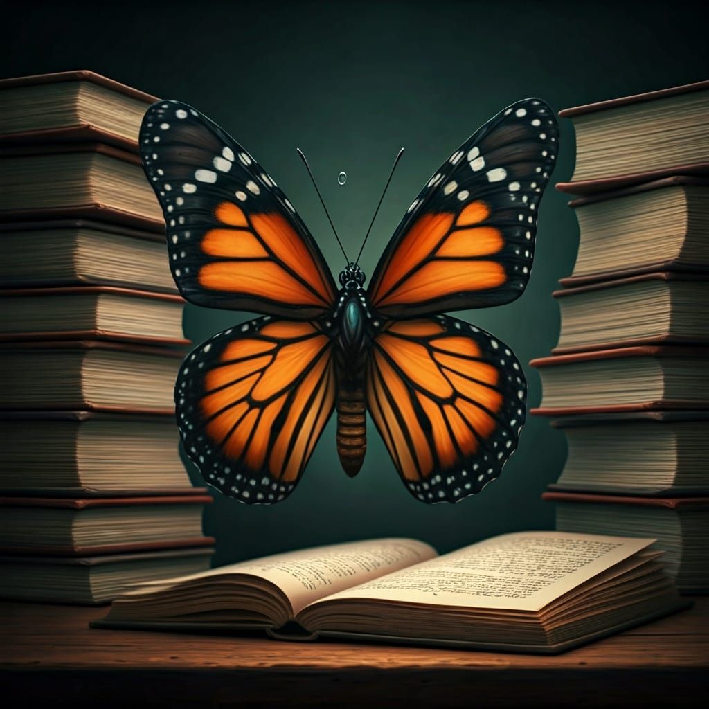Bewildered Butterfly Surrounded by Ancient Books
