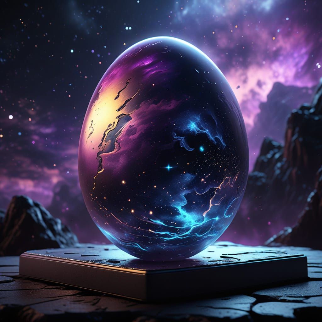 A hyper-detailed 3D surreal Easter egg floating in cosmic space, glowing with neon galaxy colors (electric ...  by @AGacanG