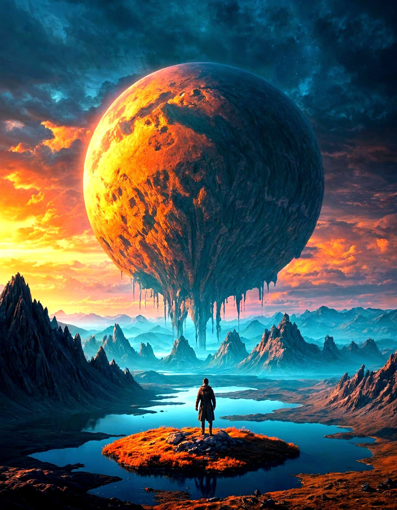 A lone wanderer stands on the precipice of a floating island, gazing out at an endless expanse of swirling clouds and jagged mountain ranges...