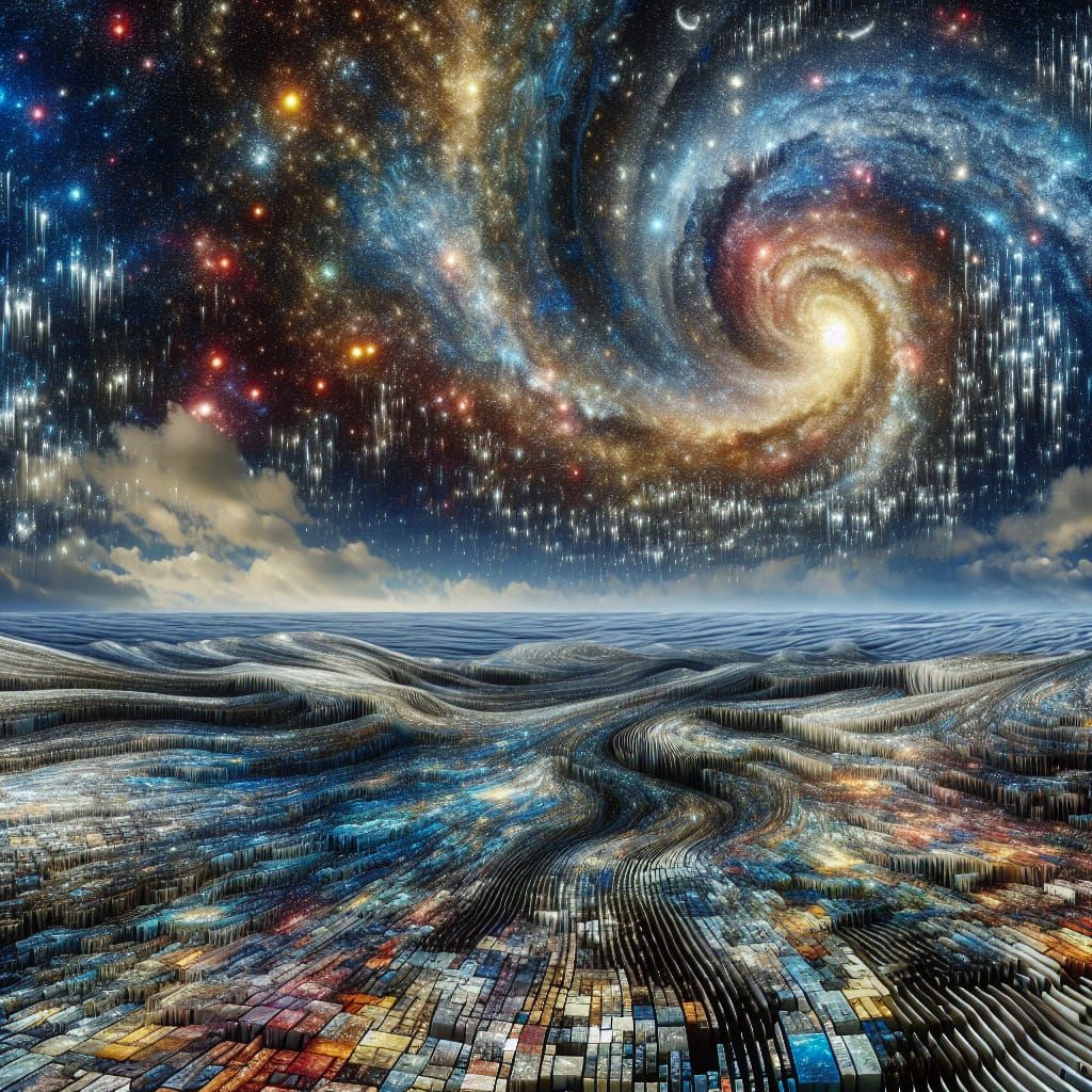 a surrealistic landscape where the sky is made of swirling g...