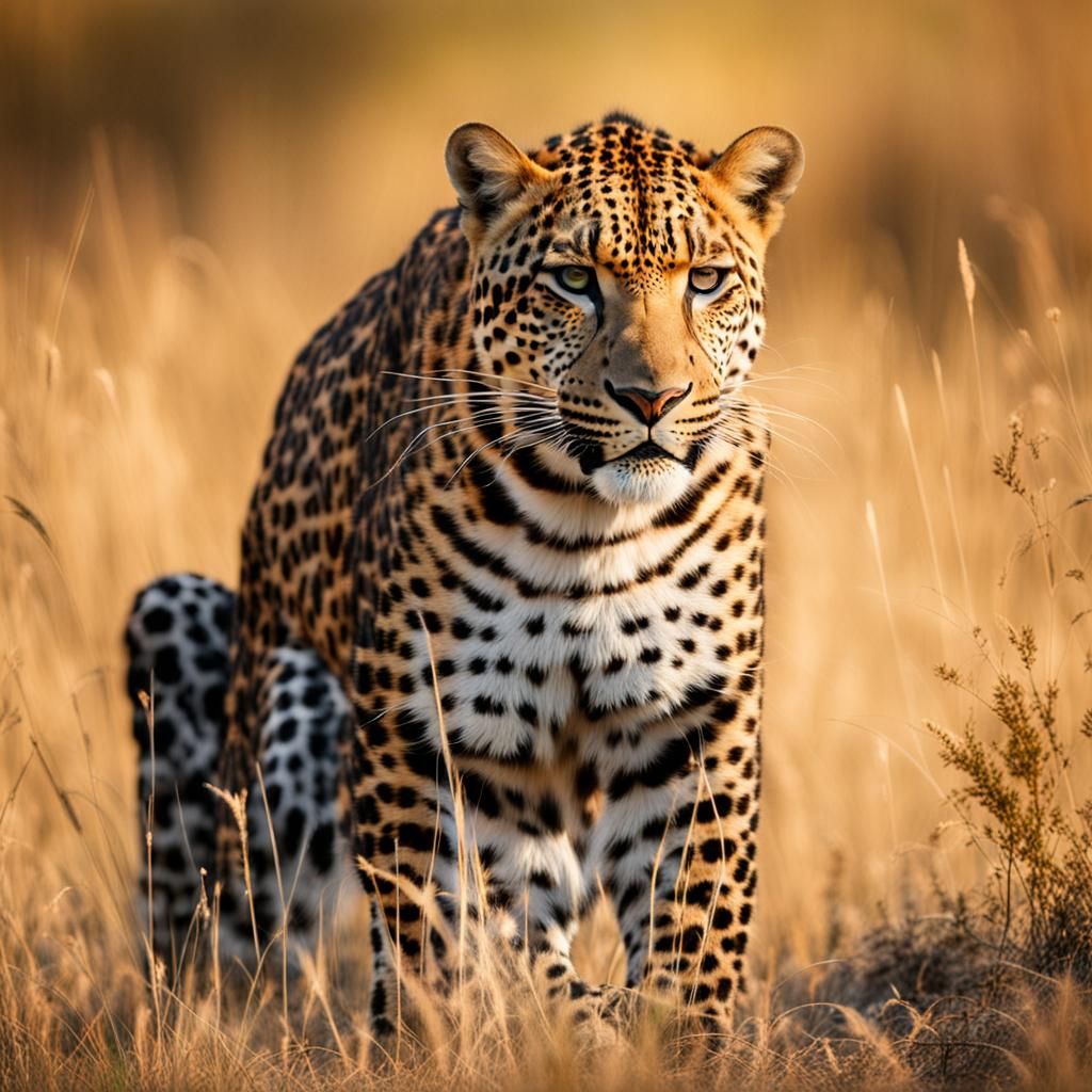 Leopard in einer Savanne im Hintergrund hell scheinende Sonne sowie Berge.
