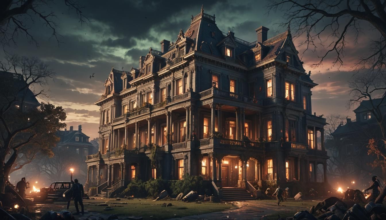 A mansion at night with zombies surrounding it inspired by t...