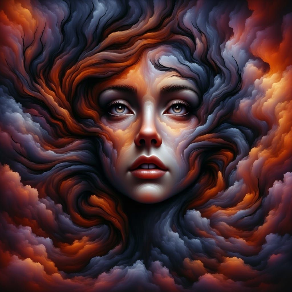 Starry storm (finely detailed filigree damask), woman in dress looking over shoulder with gray eyes" clouds storm black gold red feathers, (...