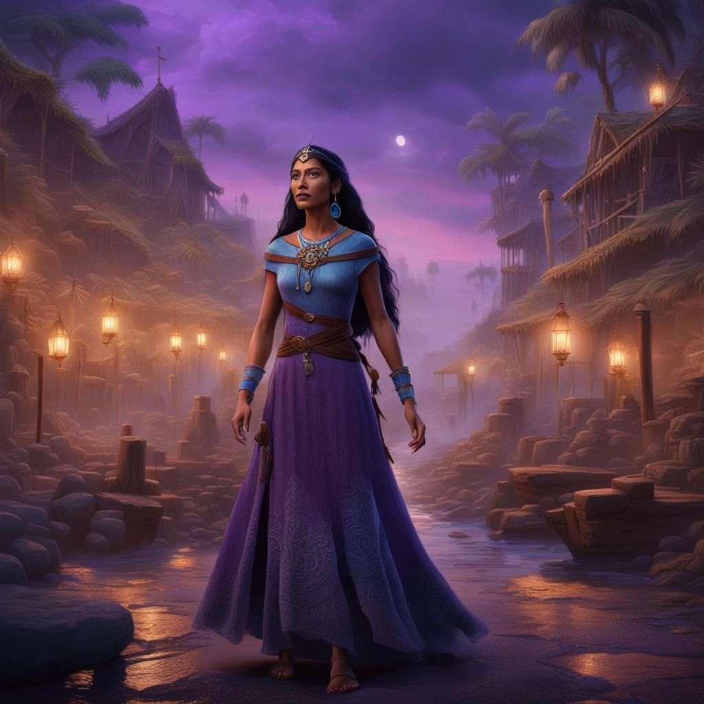 pocahontas wearing purple dress and in Daytona Beach with blue