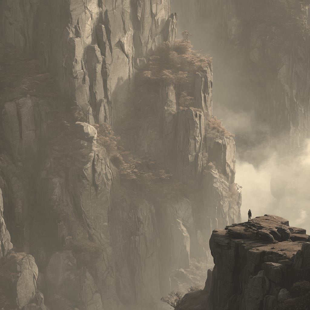 Figure on Misty Cliff: Detailed Matte Painting